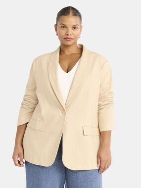 Scoop Women's and Women's Plus One Button Linen Blend Blazer, Size 4X
